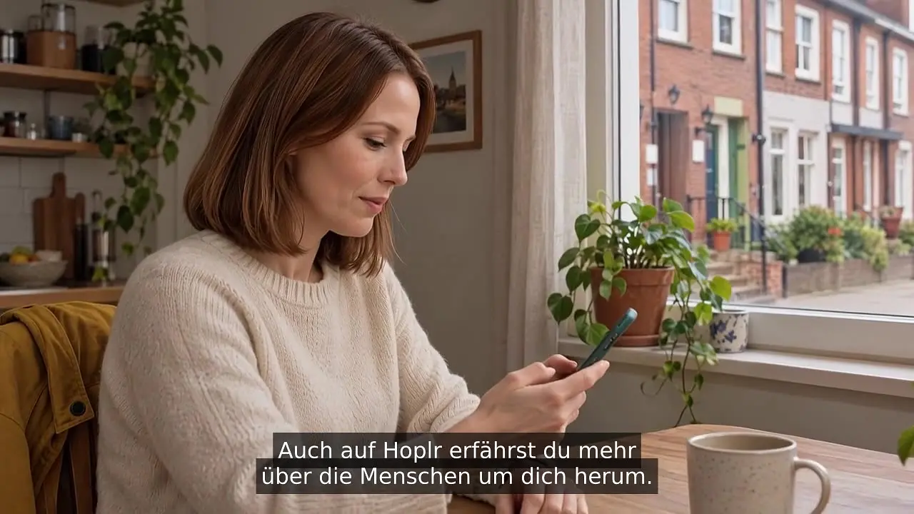 Eine Frau schaut auf ihrem Smartphone in Hoplr; Filmszene mit deutschen Untertiteln.