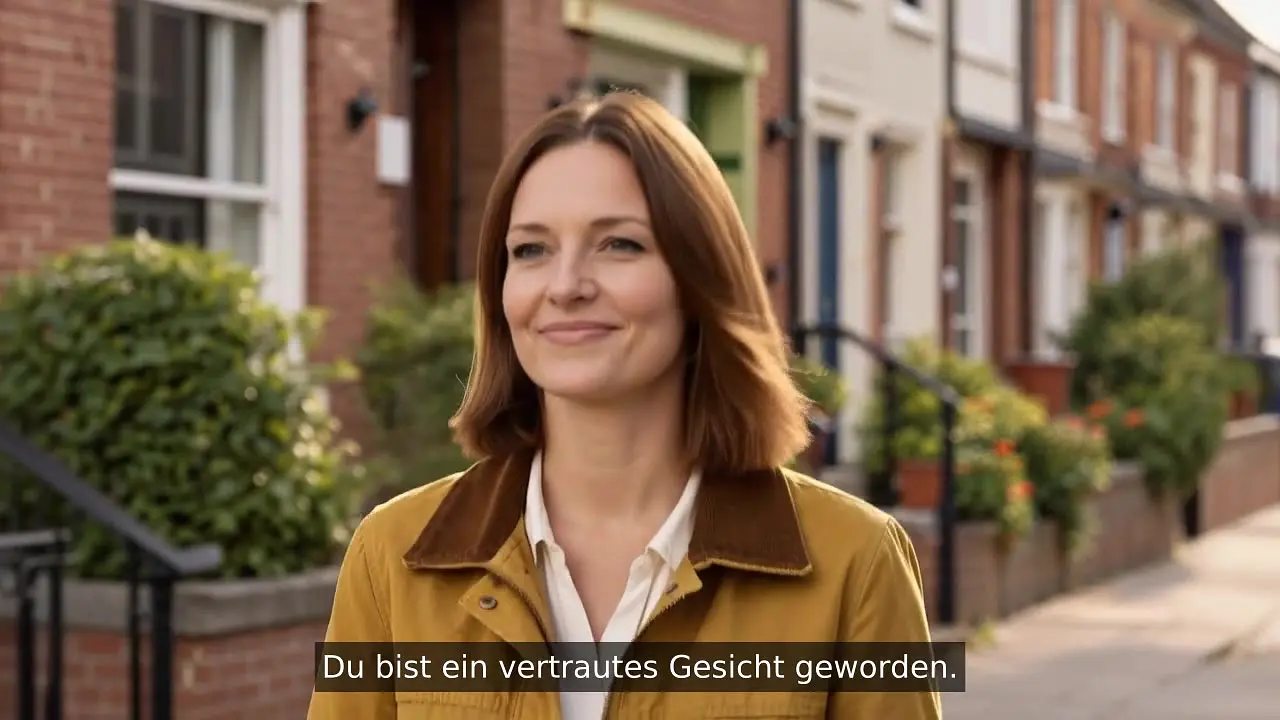 Eine Frau geht lächelnd durch ihre Nachbarschaft; Filmszene mit deutschen Untertiteln.