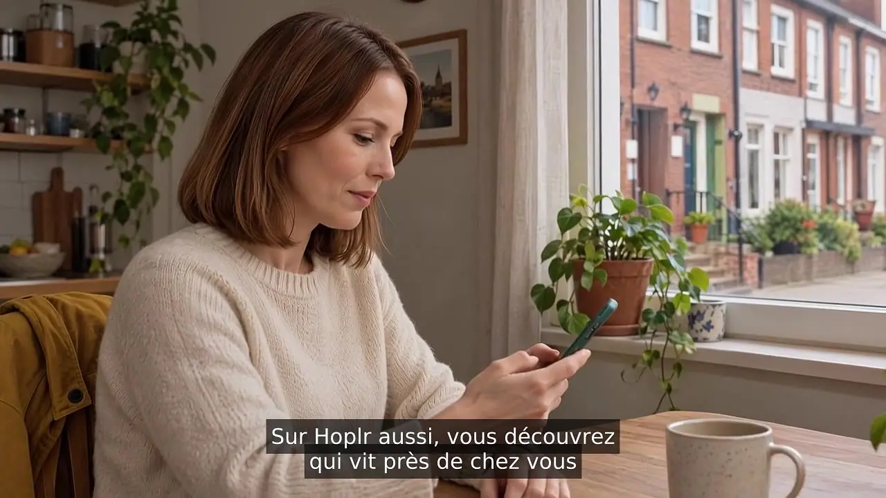 Une femme consulte Hoplr sur son téléphone, dans une scène du film avec des sous-titres français.