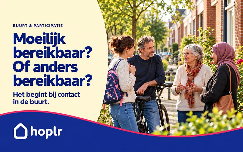Hoplr-cover over inwoners bereiken, met vier buren die op straat in gesprek zijn.