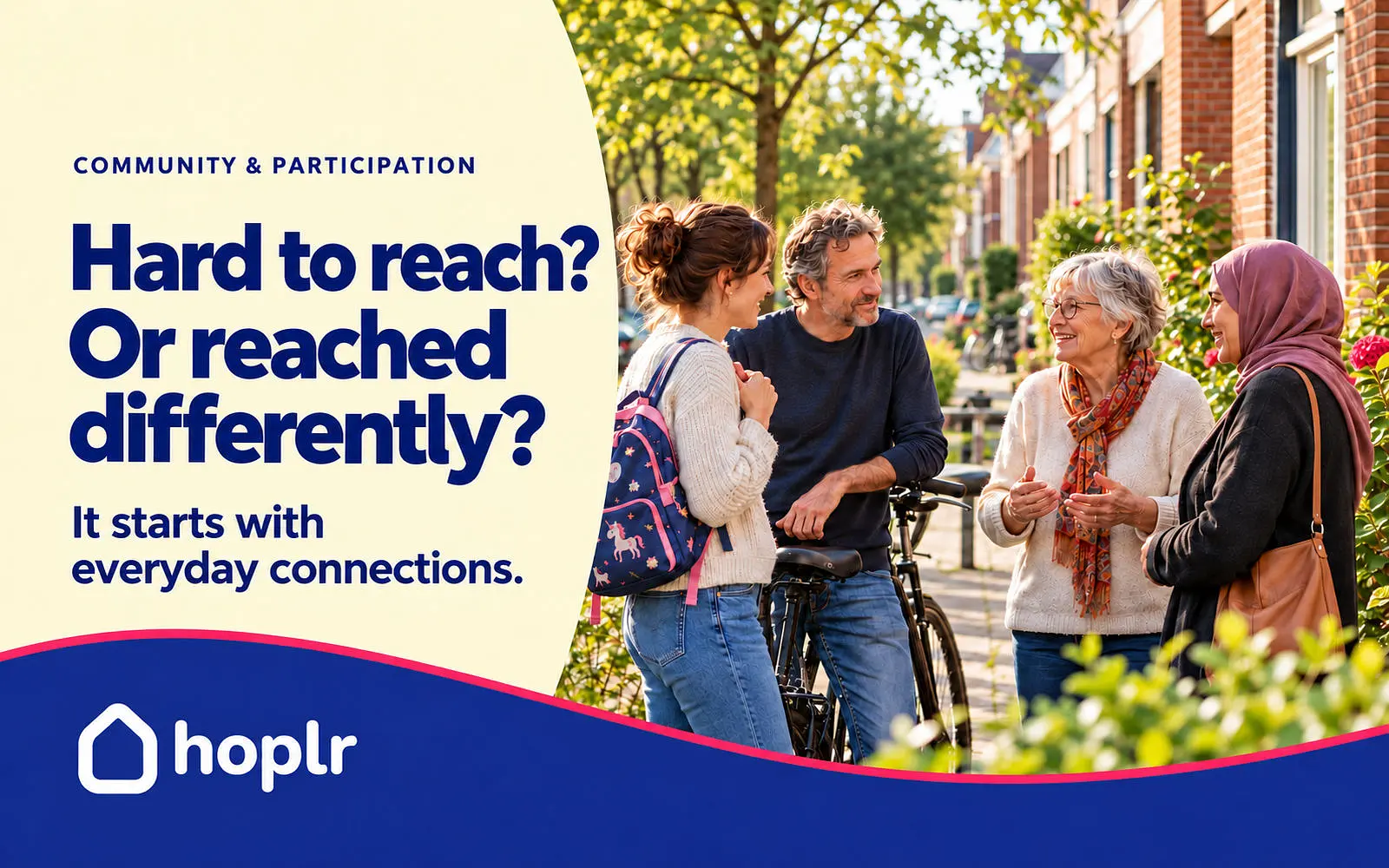 Hoplr cover about reaching residents, showing four neighbors talking on a residential street.