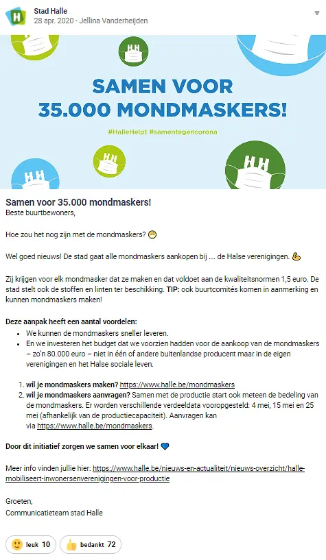 hoplr message from halle in which they call upon citizens to help make masks