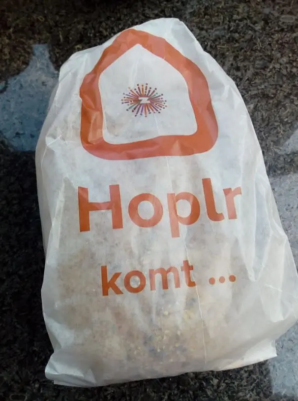 Bread bag with logo Hoplr and logo municipality of Zele and with 'Hoplr is coming' in Dutch written on it