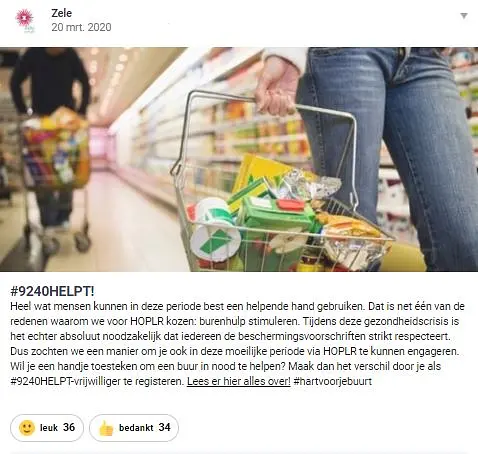 Extern bericht van gemeente Zele over #9240 helpt, waarin ze burgers oproepen zich in te schrijven al vrijwilliger voor burenhulp