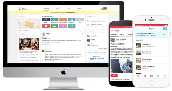 het buurtnetwerk op een desktop en op een Android en Apple smartphone