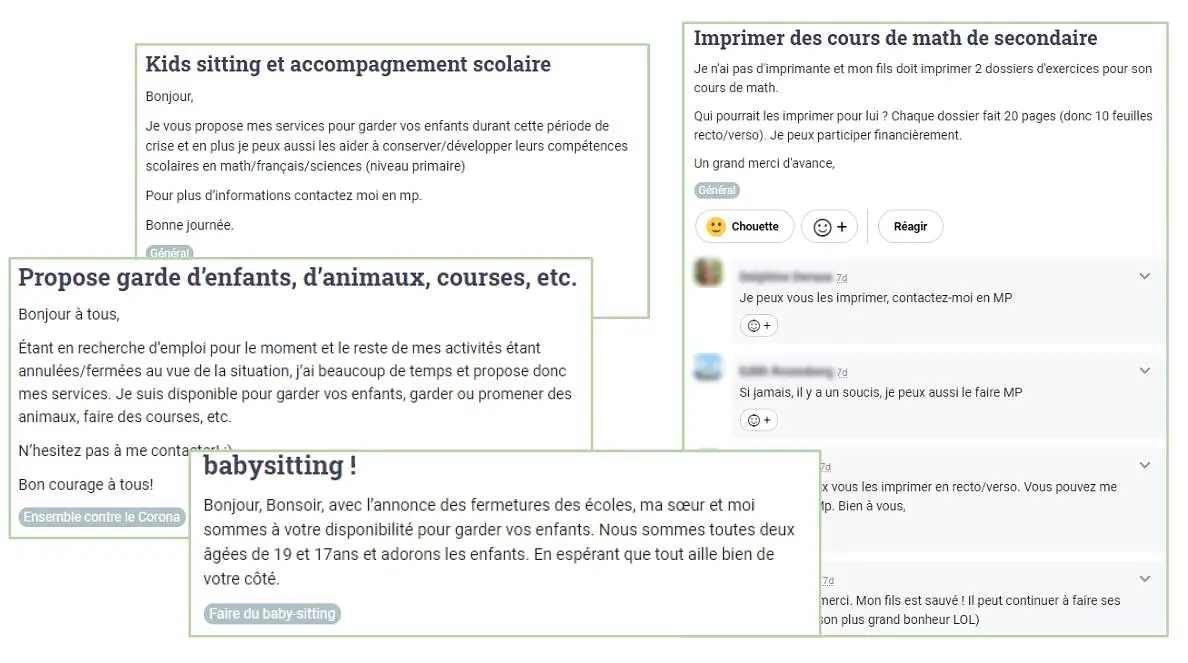Les voisins offrent qu'ils gardent les enfant et font du tutorat pour les parents qui travaillent sur Hoplr