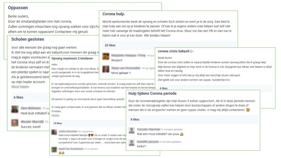 Six messages on Hoplr in which neighbours offer to babysit children of parents working in care.
