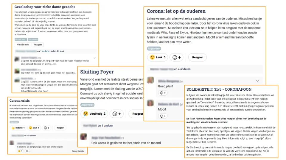 One neighbour is looking for company for an elderly aunt. Two others express their concerns about elderly becoming isolated. One person posts about meeting places closing. In a fifth message, someone shares a city initiative: the corona phone. 