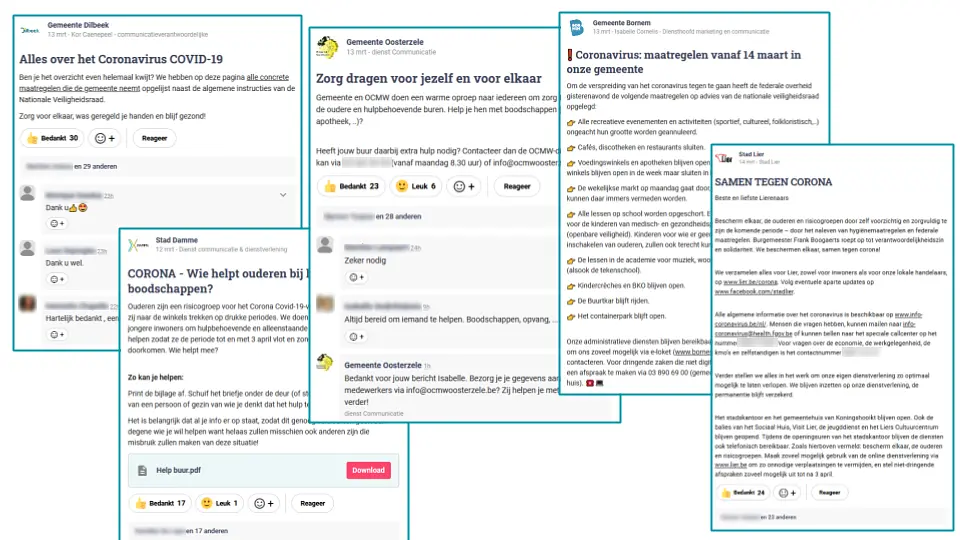 The municipality of Dilbeek posts a link to all latest measures against corona. The city of Damme calls upon its citizens to print out an information sheet which they can fill in and slide under elderly neighbours' door to offer help with groceries. The municipality of Oosterzele asks Hoplr-users to take care of elderly and needy neighbours. The municipality of Bornem sums up its measures against corona. The city of Lier shares a message 'together against corona' with all kinds of useful information.