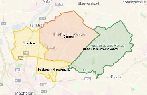vier Hoplr-buurten van Sint-Katelijne-Waver op een kaart