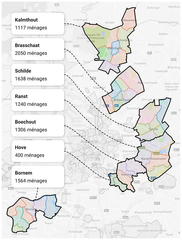 carte des communes affiliées à Hoplr autour de la ville d'Anvers