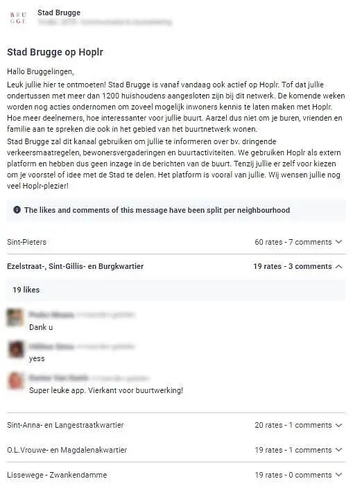 stad Brugge plaatst zelf een bericht op Hoplr waarin ze aankondigt dat de stad ook zal communiceren via het kanaal, de buren reageren enthousiast