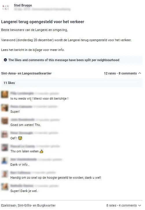 stad Brugge plaatst een bericht op Hoplr waarin ze aankondigt dat wegenwerken voorbij zijn en een bepaalde straat weer toegankelijk is, de buren zijn dankbaar voor de info