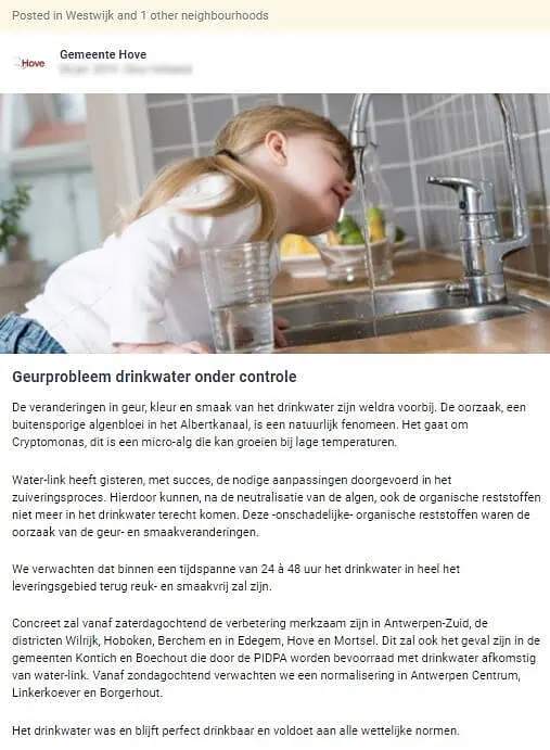 gemeente Hove communiceert over probleem rond geur van kraantjeswater