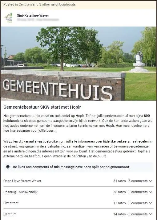 gemeente Sint-Katelijne-Waver plaatst een introductiebericht op Hoplr waarin ze meedeelt wat burgers qua communicatie kunnen verwachten