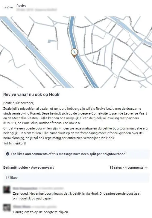 projectontwikkelaar revive laat weten dat ze zal communiceren over bouwplannen in de buurt