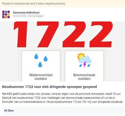 gemeente Kalmthout bericht over het noodnummer in het kader van noodweer