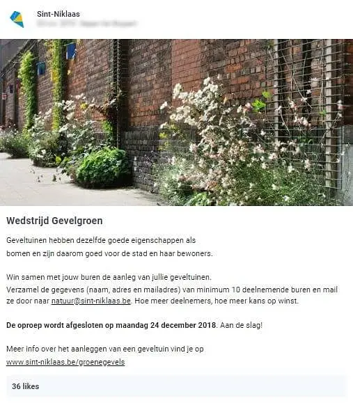 stad Sint-Niklaas nodigt alle inwoners uit om deel te nemen aan een wedstrijd waarbij ze kans maken op geveltuintjes