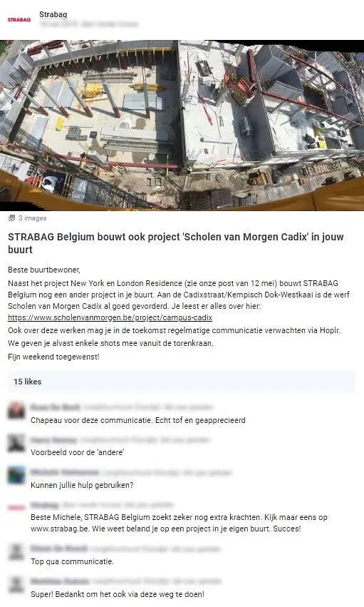 Projectontwikkelaar Strabag communiceert over een nieuw bouwproject in de buurt