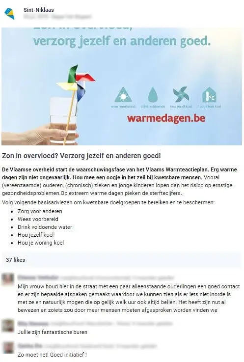 stad Sint-Niklaas sensibiliseert over een hittegolf, voor jezelf en anderen zorgen