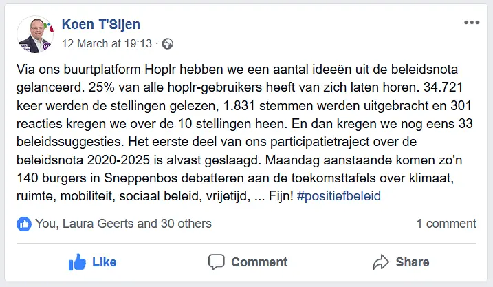 burgemeester van gemeente Boechout post een Facebook bericht over het succes van het participatieproject op Hoplr