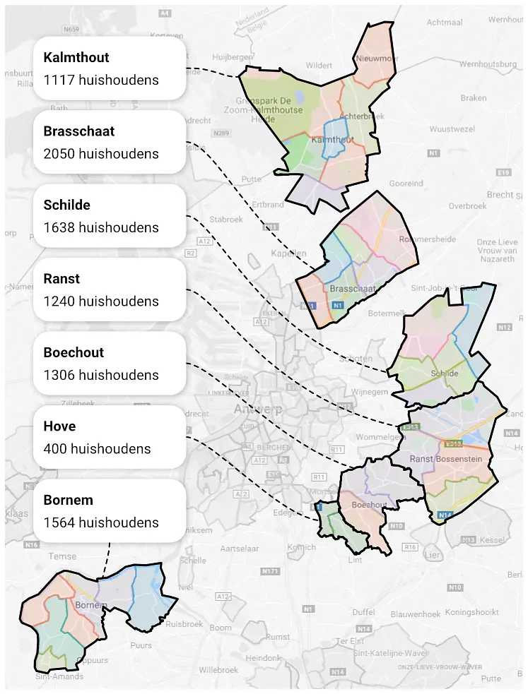 kaart van de gemeenten in de gordel rond antwerpen met naam en aantal huishoudens (data in artikel)