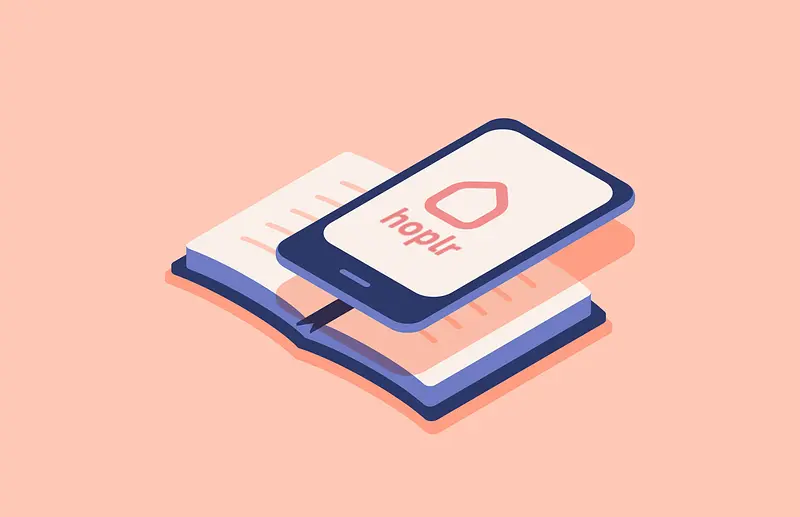 illustratie van boek met gsm die erboven zweeft. op het scherm van de gsm het hoplr logo