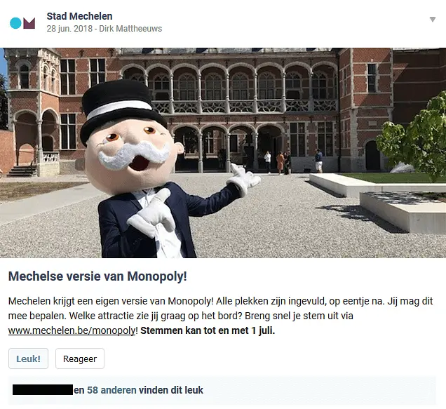 la ville de Malines publie un message sur Hoplr concernant un jeu Monopolie