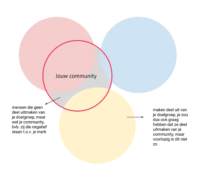 een vierde cirkel overlapt de drie doelgroepsegmenten: je community bedraagt delen uit de drie segmenten, maar ook mensen die onder geen van de drie vallen