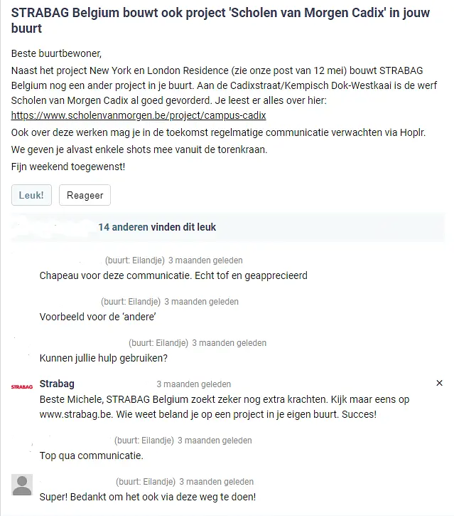 Strabag communiceert met de buren via een Hoplr-post
