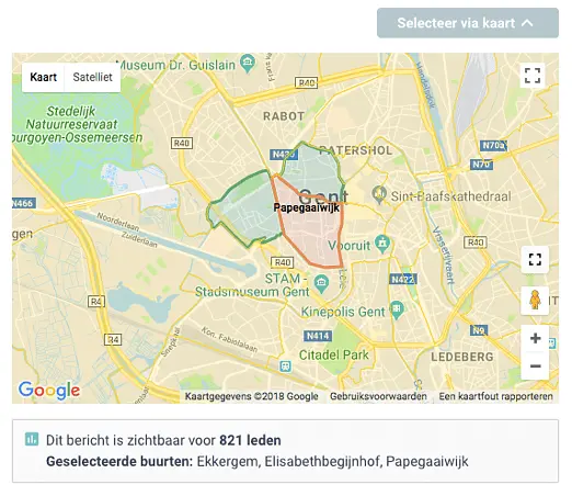 functionaliteit van het Service Dashboard om buurten aan en uit te klikken en zo zelf te kiezen in welke buurten een bericht wordt geplaatst