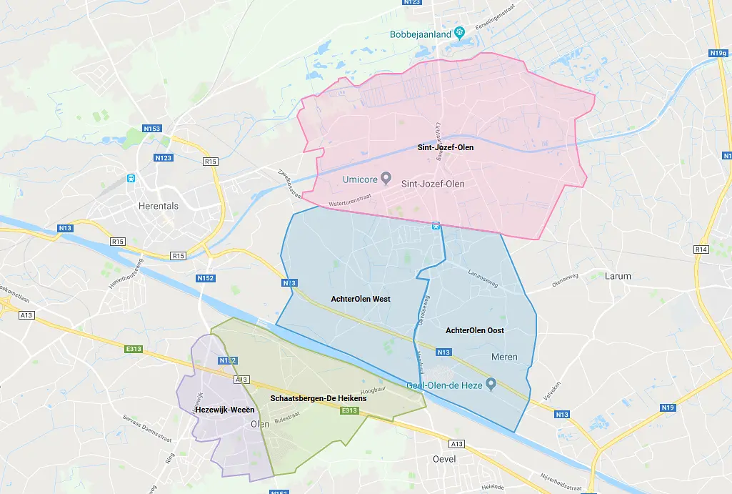 kaart met de 5 buurten van Olen aangeduid