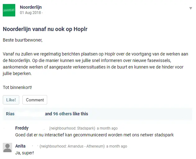 Noorderlijn introduceert zich met een bericht op Hoplr