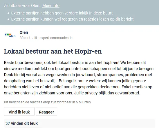 gemeentebestuur Olen introduceert zich in de Hoplr-buurten