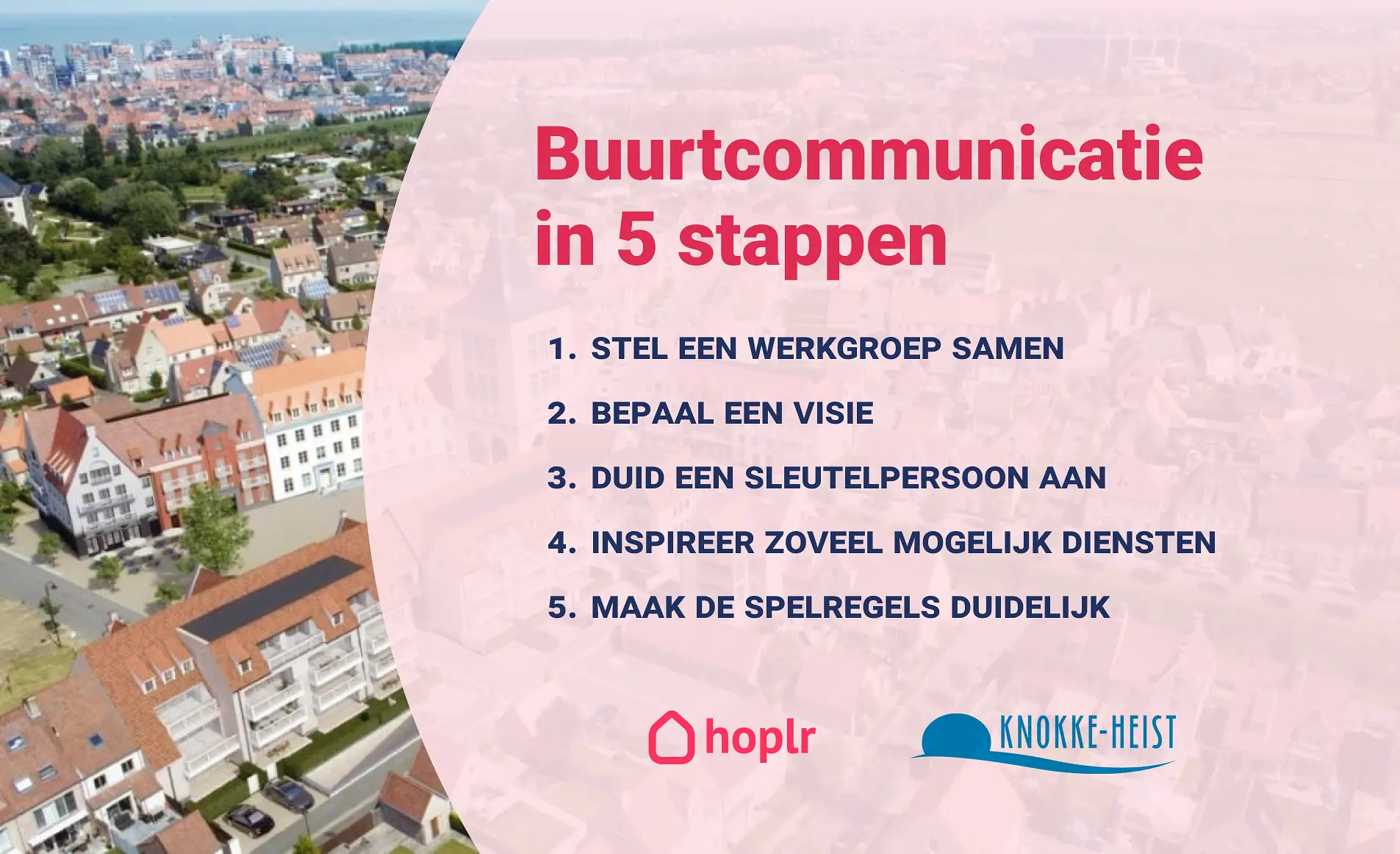 Vijf stappen uit het praktijkverhaal van Knokke-Heist: werkgroep, visie, sleutelpersoon, diensten betrekken en duidelijke spelregels.